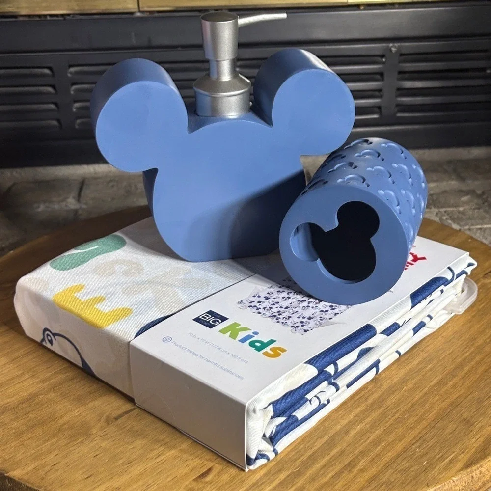 Disney Mickey Mouse Bathroom Set: Shower Curtain Brush Holder Soap Dispenser NEW